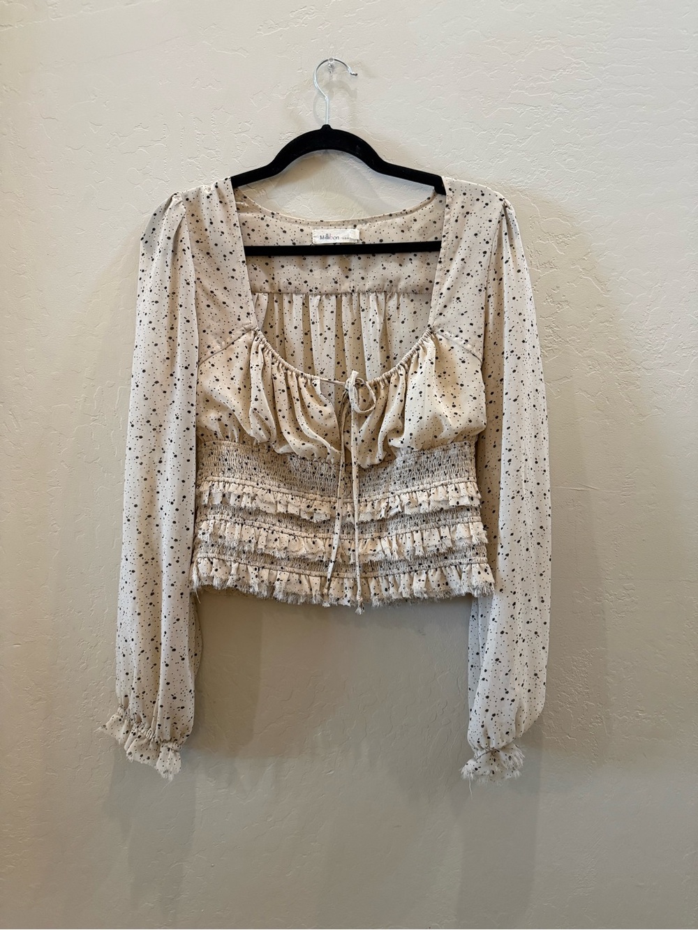 Millibon Ivory Speckled Smocked Ruffle Long-Sleeve Blouse
